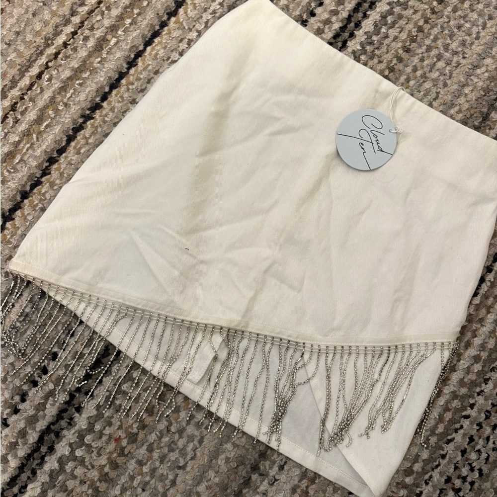 Cream Mini Skirt with Fringe